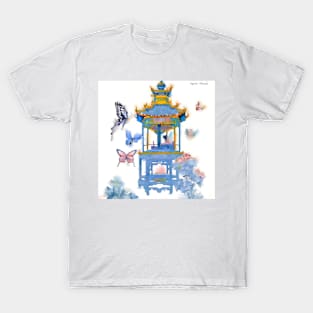 Blue pagoda and butterflies watercolor painting T-Shirt